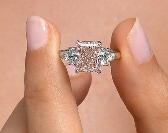 3.30 Carat IGI Certified Fancy Pink VVS2 Clarity Elongated Radiant Cut Lab Grown Diamond Engagement Ring 14K White Gold Pink Diamond Ring .