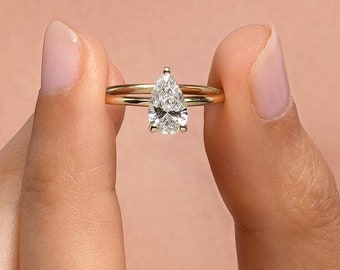 1 Carat Pear Shaped Lab Grown Diamond Ring / Pear Cut Diamond Solitaire Engagement Ring / IGI Certified Lab Diamond Ring / 14K Solid Gold