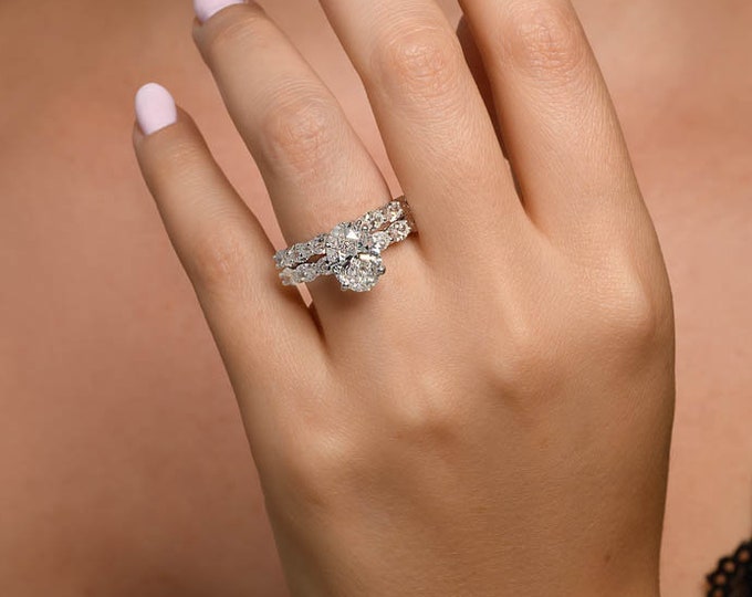 Featured listing image: 5 Carat IGI CERTIFIED E/VVS2 Oval Cut Lab Diamond Hidden Halo Engagement Ring & Oval Diamond Matching Band Set / 14K White Gold Ring /