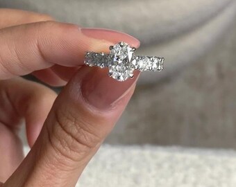 Unforgettable Engagement Ring 3.20 Carats Oval Cut Lab Grown Diamond With Side Round Cut Stones / Unique & Modern Style / 14k White Gold