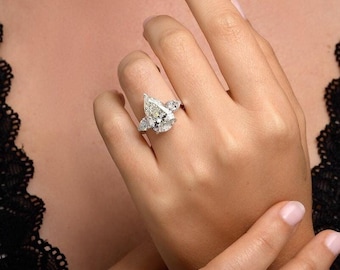 One Of A Kind 12 Carat IGI Certified F VVS2 Three Stone Pear Cut Lab grown Diamond Engagement Ring 18K White Gold / Pear Shape Diamond Ring