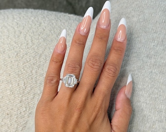 8 Carat Emerald Cut Lab Grown Diamond Three Stone Ring / Trapezoid Side Stones / 18K White Gold Engagement Ring / IGI Certified