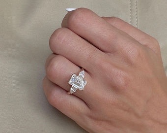 3.5 Carat Emerald Cut Three Stone Lab Grown Diamond Engagement Ring | Half Bezel Side Pear Shapes | 14k Yellow Gold Anniversary Ring