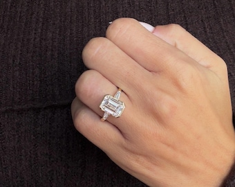 4.5 Carat Emerald Cut Three Stone Lab Grown Diamond Engagement Ring | Half Bezel Side Tapered Baguettes | 14k Yellow Gold Anniversary Ring