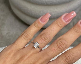Clean & Modern Look 1.10 Carat Elongated Radiant Cut Lab Diamond Ring / Elegant And Minimal Plain Band  / Hidden Halo Engagement Ring / 14k