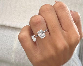 2 Carat Elongated Cushion Lab Grown Diamond Solitaire Hidden Halo Engagement Ring | 14k White Gold Band