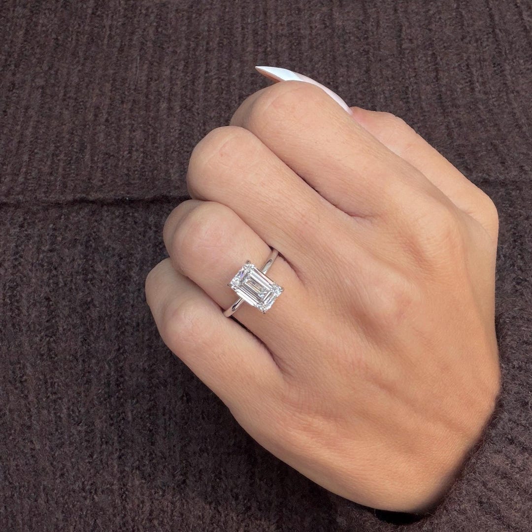 3 Carat Emerald Cut Lab Grown Diamond Engagement Ring | 14k White Gold ...