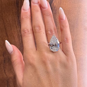 Endlessly Elegant 12 Carat Pear Cut Lab Grown Diamond Ring | 18K White Gold Solitaire Hidden Halo | F-VS1 IGI | Pear-Shaped Engagement Ring
