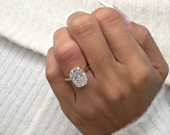 4 Carat Elongated Cushion Cut Lab Grown Diamond Bezel Ring | IGI Certified | 14K Yellow Gold Statement Ring