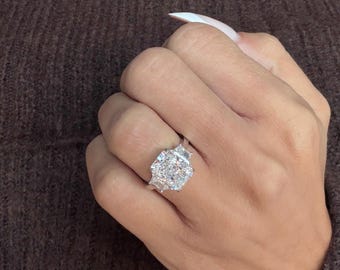 5 Carat Radiant Cut Lab Grown Diamond Three Stone Engagement Ring | Trapezoid Side Stones | IGI Certified | 18k White Gold | Statement Ring