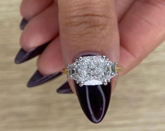 5 Carat D/VVS2 IGI Certified Square Cushion Cut Lab Grown Diamond Three Stone Engagement Ring, Side Trapezoid Cut Diamonds Two Tone 18k Gold