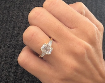 2.20 Carat IGI Certified Emerald Cut Lab Grown Diamond Three Stone Ring / Tapered Baguette Side Stones / 14K Yellow Gold Engagement Ring /