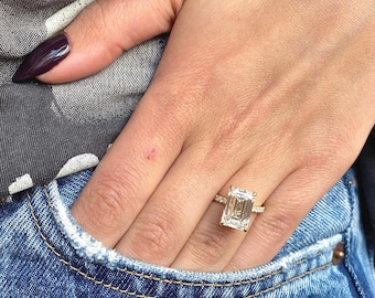 5.50 Carat Emerald Cut Lab Grown Diamond Ring | Hidden Halo Engagement Ring with Side Stones | Elegant Solitaire | IGI Certified | 14K Gold