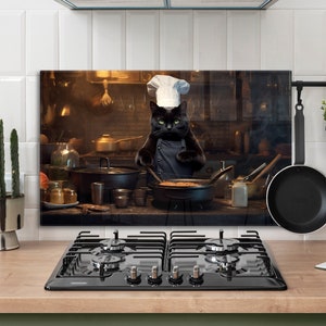 Couvercle supérieur de cuisinière en verre, chat noir, décoration murale de cuisine de chef pour cuisinière à gaz, couvercle supérieur de cuisine, dosseret, couvercle de four, stickers muraux, cadeaux pour elle