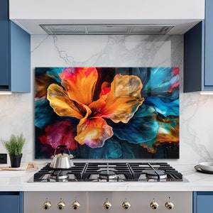 Blue Ink Fluid Glass Backsplash Kitchen Décor Behind the Stove 