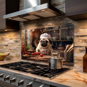 Couvercle supérieur de cuisinière en verre, carlin, chien chef, décoration murale de cuisine pour cuisinière à gaz, couvercle supérieur de cuisine dosseret, couvercle de four, décalcomanies murales, cadeaux pour elle