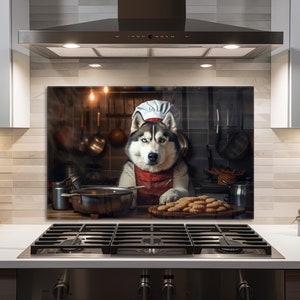 Couvercle supérieur de cuisinière en verre Husky Chef Dog, décoration murale de cuisine pour cuisinière à gaz, couvercle supérieur de cuisine, dosseret de cuisine, couvercle de four, stickers muraux, cadeaux pour elle