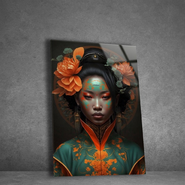 Wandkunst van gehard glas | Geisha kunst aan de muur | Panoramisch wanddecor | Japanse wanddecoratie | Inwijdingsfeestgeschenken | Woondecoratie | Muurdecoratie