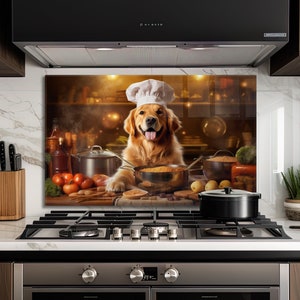 Couvercle supérieur de cuisinière en verre Golden Retriever chien décoration murale de cuisine pour cuisinière à gaz couvercle supérieur de cuisine dosseret de cuisine stickers art mural cadeaux pour elle