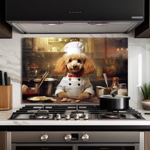 Couvercle supérieur de cuisinière en verre, caniche, chien chef, décoration murale de cuisine pour cuisinière à gaz, couvercle supérieur de dosseret de cuisine, décalcomanies d'art mural, cadeaux pour elle