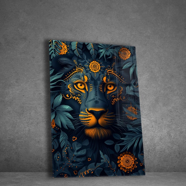 Art mural en verre trempé Lion ethnique pour salon Décoration d'intérieur Cadeaux pour elle Cadeaux de pendaison de crémaillère Tentures murales animaux