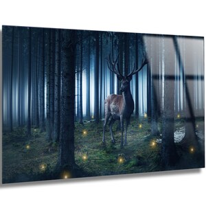 Tempered Glass Wall Art-Deer in Forest Wall Decoration-Animal Glass Wall Hangings-Glass Print Home Decor