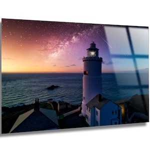 Tempered Glass Wall Art-Lighthouse Colorful Sky Wall Decoration-Landscape Glass Wall Hangings-Glass Print Home Decor
