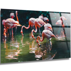 Tempered Glass Wall Art-Flamingos in Lake Wall Decoration-Animal Glass Wall Hangings-Glass Print Home Decor