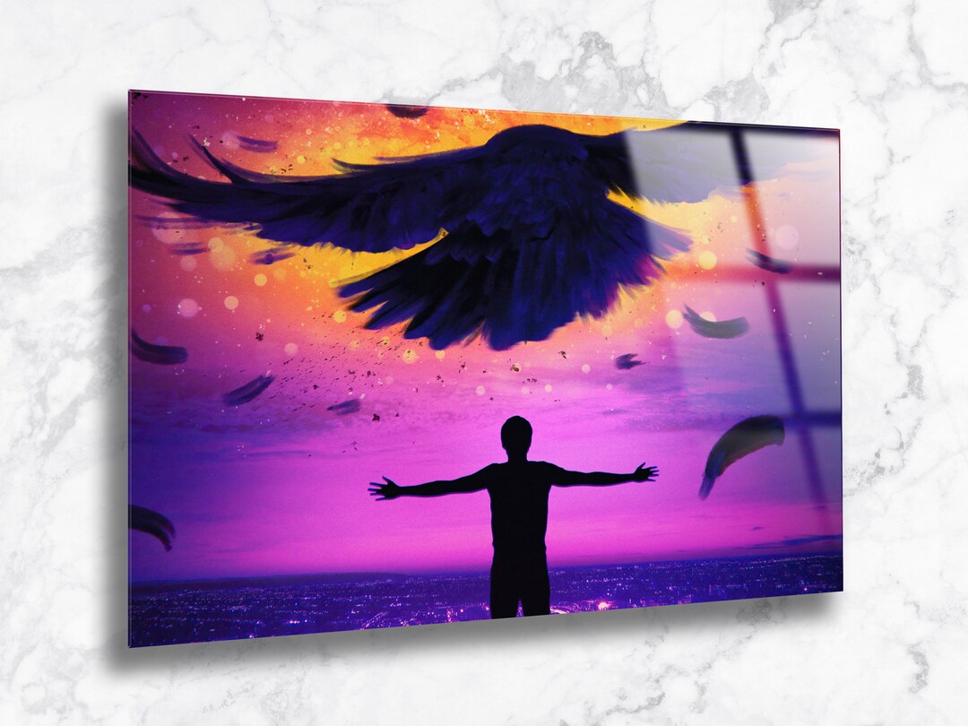 Tempered Glass Wall Artsilhouette in Colorful Sky Wall Decoration