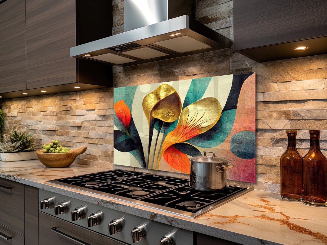 Glass Stove Top Cover Abstract Flower Kitchen Wall Decor for Gas Stove Top Cover Kitchen