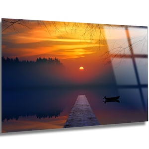 Tempered Glass Wall Art-Sunset On The Lake Wall Decoration-Landscape Glass Wall Hangings-Glass Print Home Decor