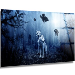 Tempered Glass Wall Art-White Wolves Wall Decoration-Animal Glass Wall Hangings-Glass Print Home Decor