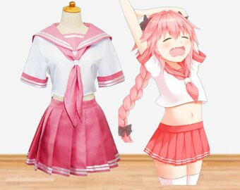 Anime Pink Sailor Suit, Astolfo Cos Uniform, Girls Halloween Costume School top and skirt