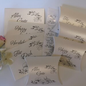 Set mit je 4 Grußkarten, Aufklebern und kleinen Geschenkverpackungen - edles Blumendesign in schwarz- verschiedene Texte wählbar