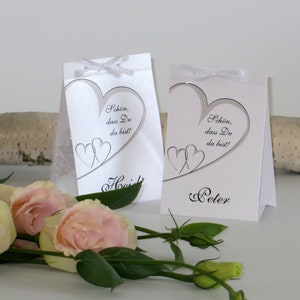 Personalisierte Tischkarten - Kartonage für Gastgeschenk - 5 Stück - Namenskarten - Platzkarten - Hochzeit - Silberhochzeit - Herzschlag