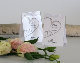 Personalisierte Tischkarten - Kartonage für Gastgeschenk - 5 Stück - Namenskarten - Platzkarten - Hochzeit - Silberhochzeit - Herzschlag