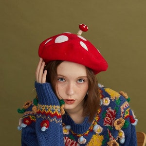 Mushroom-Shaped Red Beret Hat, Handcrafted Wool Felt Cap with White Polka Dots, Adult and Kids Sizes, Gift for Her Gift Idea