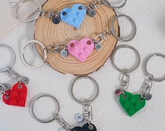 Juego de llaveros de corazón Lego personalizados, llaveros a juego personalizados, llaveros de acero inoxidable con iniciales, regalos para parejas, mejores amigos y aniversarios.