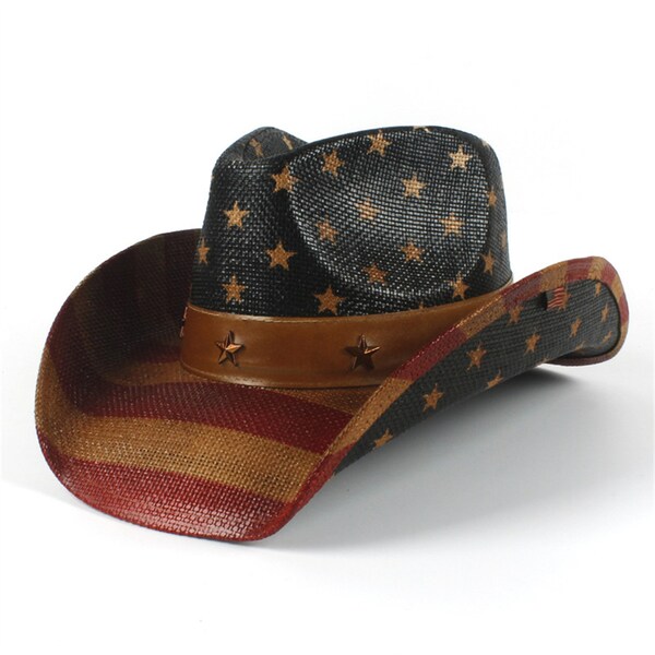 Chapeau de cow-boy rétro USA drapeau américain vintage chapeau style cow-boy occidental chapeau de soleil classique chapeaux unisexes cadeau fait main rouge blanc bleu pour homme femme