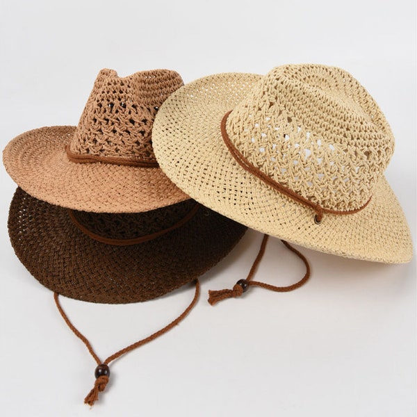Chapeau de paille d'été, chapeaux de cowboy de paille, chapeaux d'été classiques chapeaux de paille Panama pour les voyages à la plage et les aventures en plein air pour femmes hommes 3 couleurs