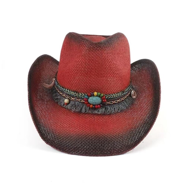 Red Straw Cowboy Hat Summer Sun Hat with Wide Brim Unique Hatband Options Beach Hat Western Hand-crafted Costume Cap