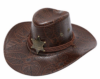 Sheriff Western Cowboy Hat Vintage Adult Sun Protective Hat  Windproof Leather Hat Handmade Sombrero Fashion Accessory Gift for Man Women