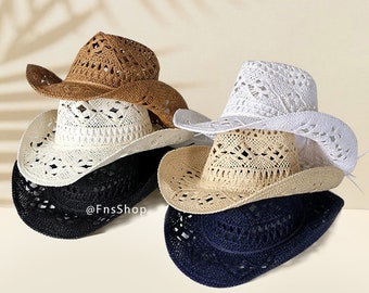 Straw Cowboy Hats, Classic Summer Woven Hats, Colorful Cowgirl Hats Summer Headwear for Beach Travel Outdoor Adventures for Women Men