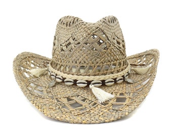 Hollowed Cowboy Hat Natural Straw Western Hat Outdoor Travel Beach Hats Summer Sun Seashells Band Hat Hand-woven for Women Beach Pool Party