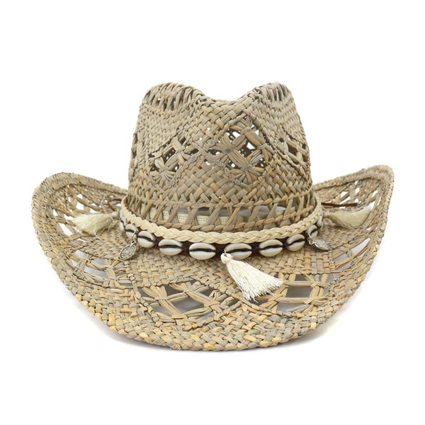 Sombrero de vaquero ahuecado Sombrero occidental de paja natural Sombreros de playa para viajes al aire libre Sombrero de banda de conchas marinas para el sol de verano Tejido a mano para mujeres Fiesta en la piscina en la playa