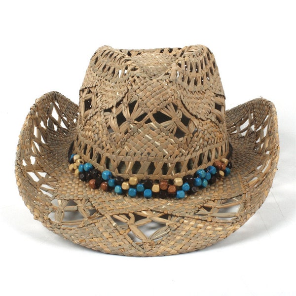 Hollowed Cowboy Hat Natural Straw Western Hat Outdoor Travel Beach Hats Summer Sun Beaded Hatband Hand-woven for Women Beach Pool Party