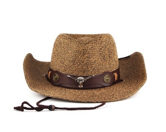 Straw Cowboy Hat Summer Sun Hat Brown Cowgirl Outdoor Handmade Hat Unisex Wild West Hat with Chin String Beach Pool Party Wide Brim Hat