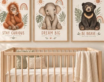 Boho Borneo Nursery Print Set, Orangutan Elephant Sun Bear (Digital Download)