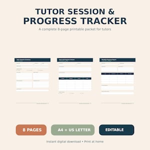 Puede incluir: Un paquete imprimible de seguimiento de sesiones y progreso para tutores con texto azul oscuro sobre un fondo claro. El documento incluye tres páginas tituladas Tutor Session Summary, Goal and Progress Tracker y Monthly Progress Report. Incluye 8 páginas, tamaños A4 y US Letter, y es editable.