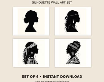 Bohemian Woman Silhouette Set of 4, Borneo Native Macrame Wall Art, Printable Digital Download